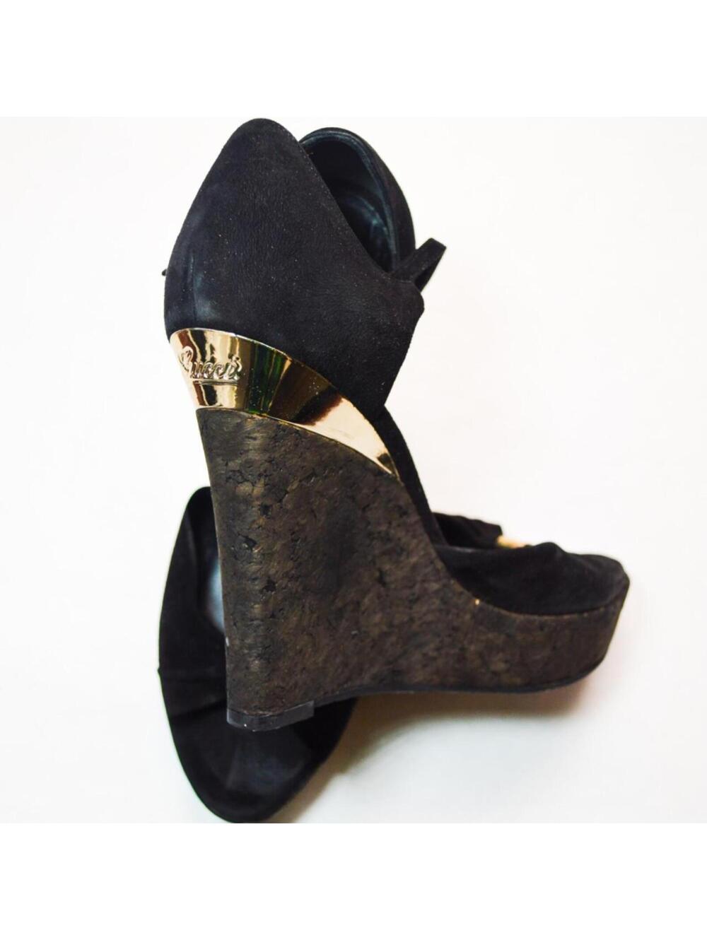 Gucci Cork Wedge Black Suede Heels